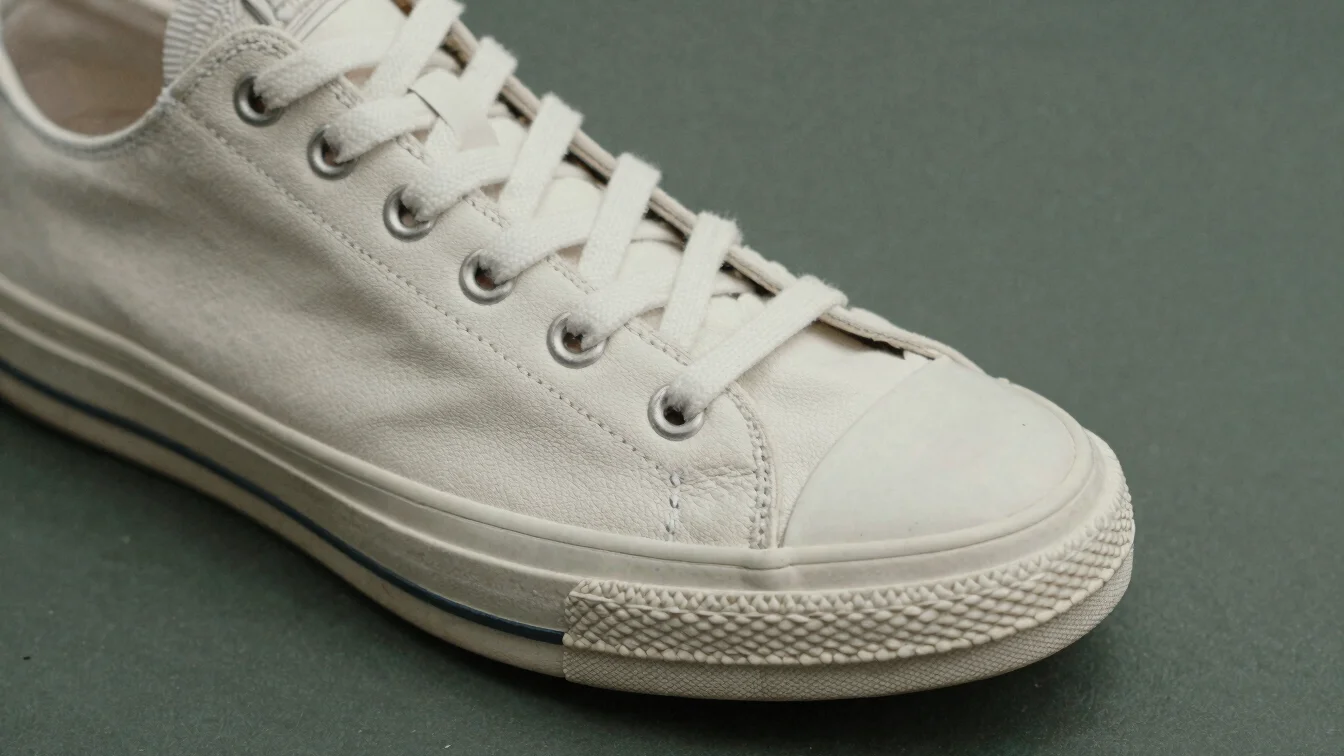 Close editorial detail of a generic low-top sneaker toe box in so