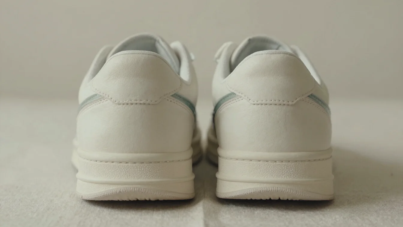 Soft diffused daylight close detail of two generic off-white sneaker uppers side by side on a neutral linen surface, 35m