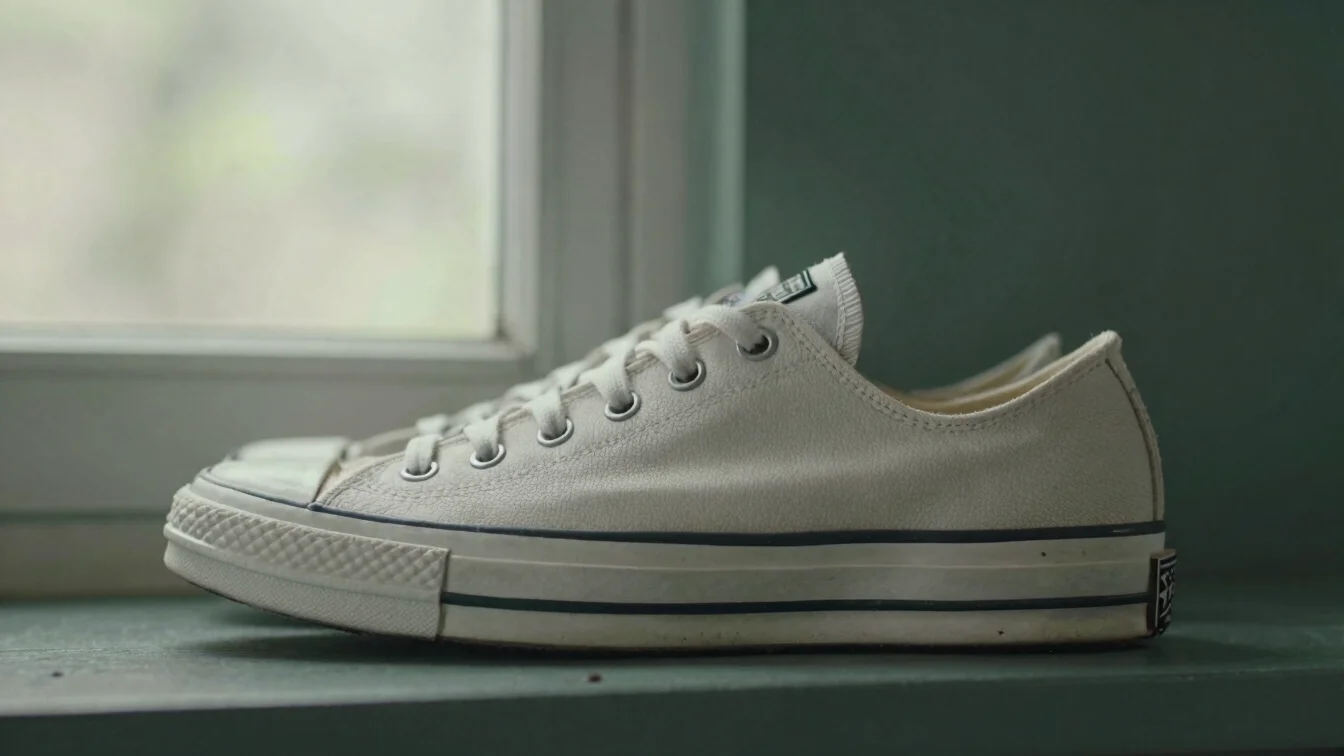 Editorial close-up of a generic low-top sneaker sole edge in soft window light, muted dark-green backdrop, shallow depth