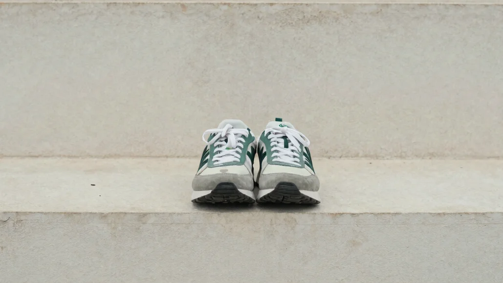 Considered environmental frame of a pair of generic sneakers resting on a pale stone ledge, soft diffused daylight, uncl
