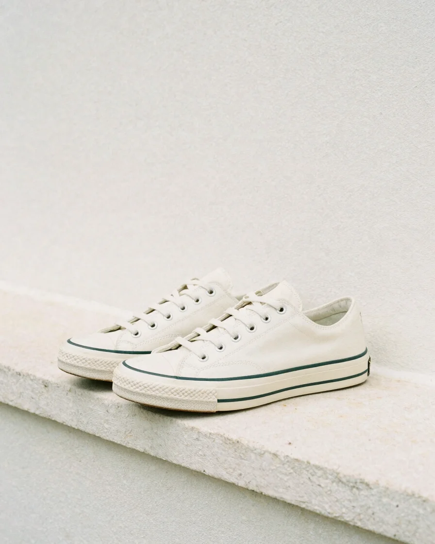 Soft diffused daylight on a pair of generic low-top court sneakers resting on a pale stone ledge, close detail of stitch