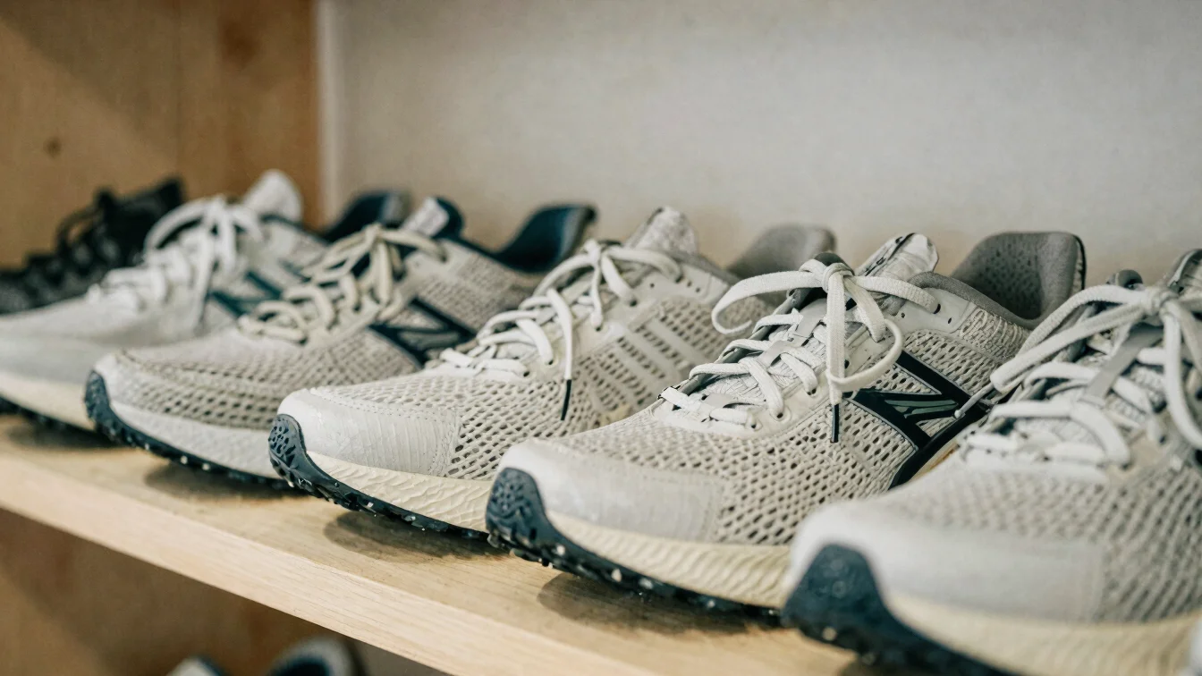 Soft diffused daylight on a row of generic running shoes on a pal