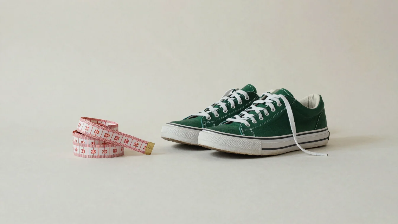 Editorial still life of a folded measuring tape beside an unlaced