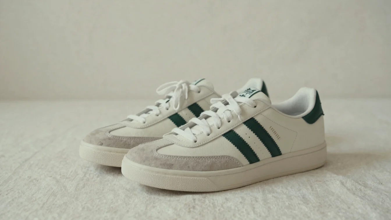 Soft diffused daylight on a pair of neutral sneakers placed on a