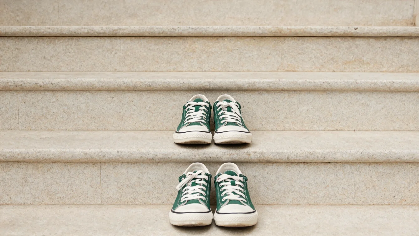 Considered environmental frame of sneakers on a pale stone step,