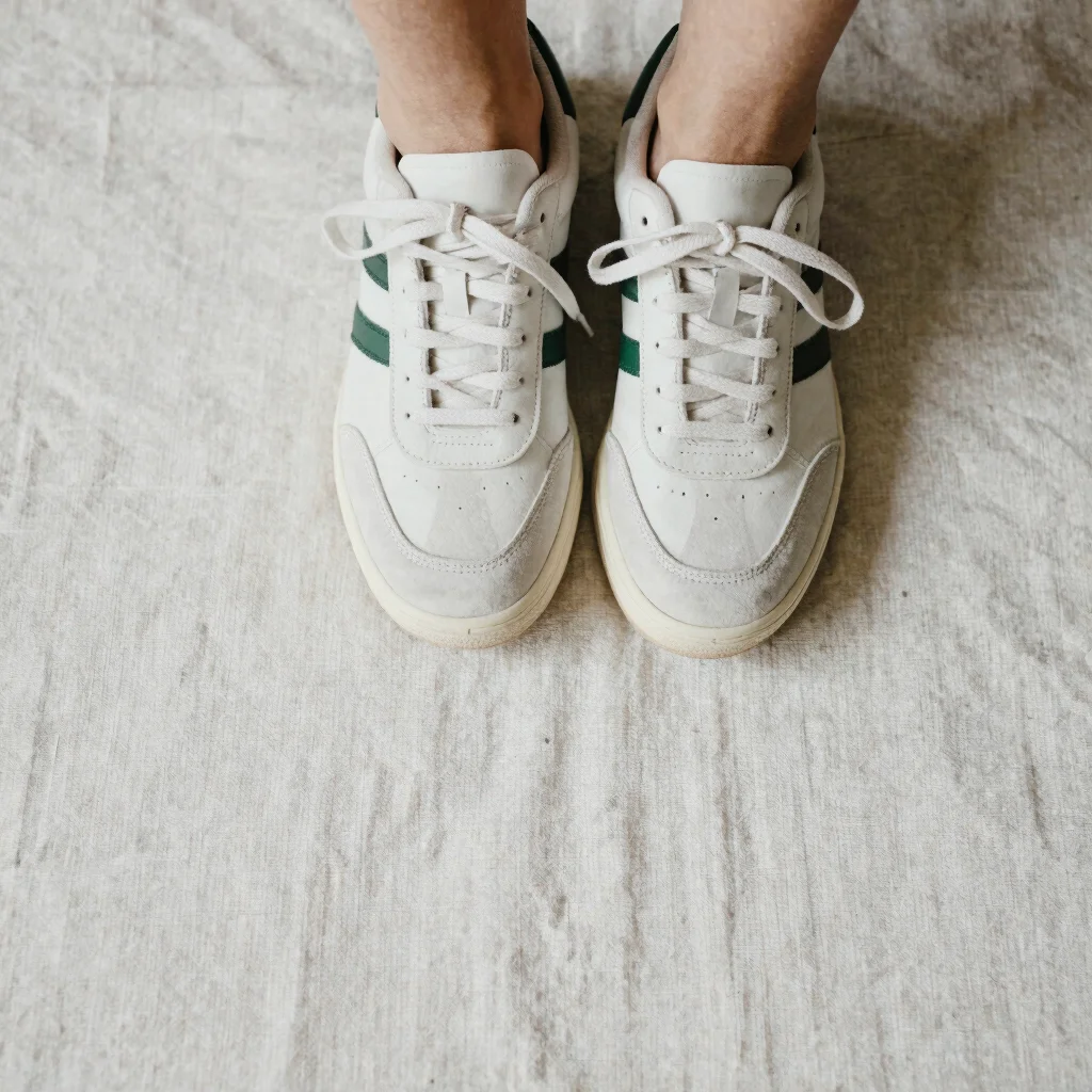Overhead detail of sneakers laced on a pale linen surface, natura