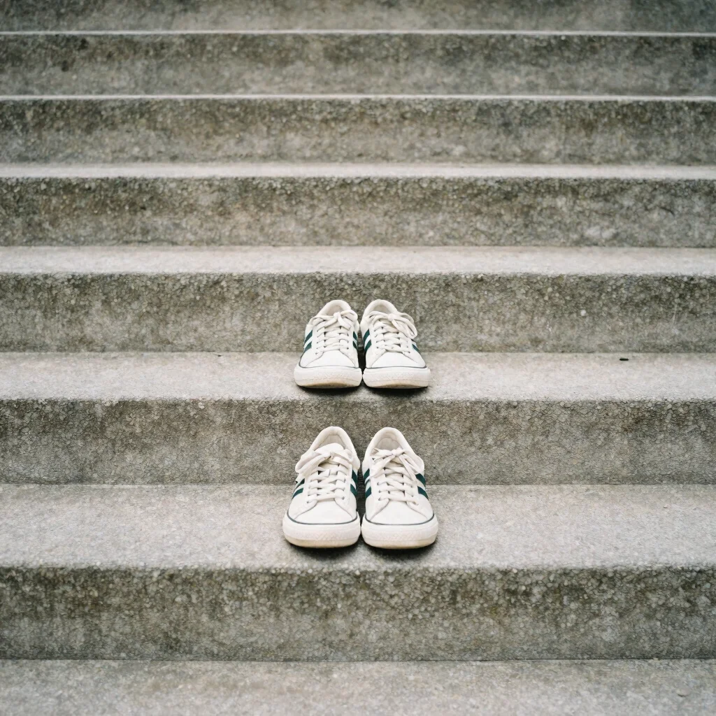 Street-side editorial frame of a pair of generic sneakers on conc