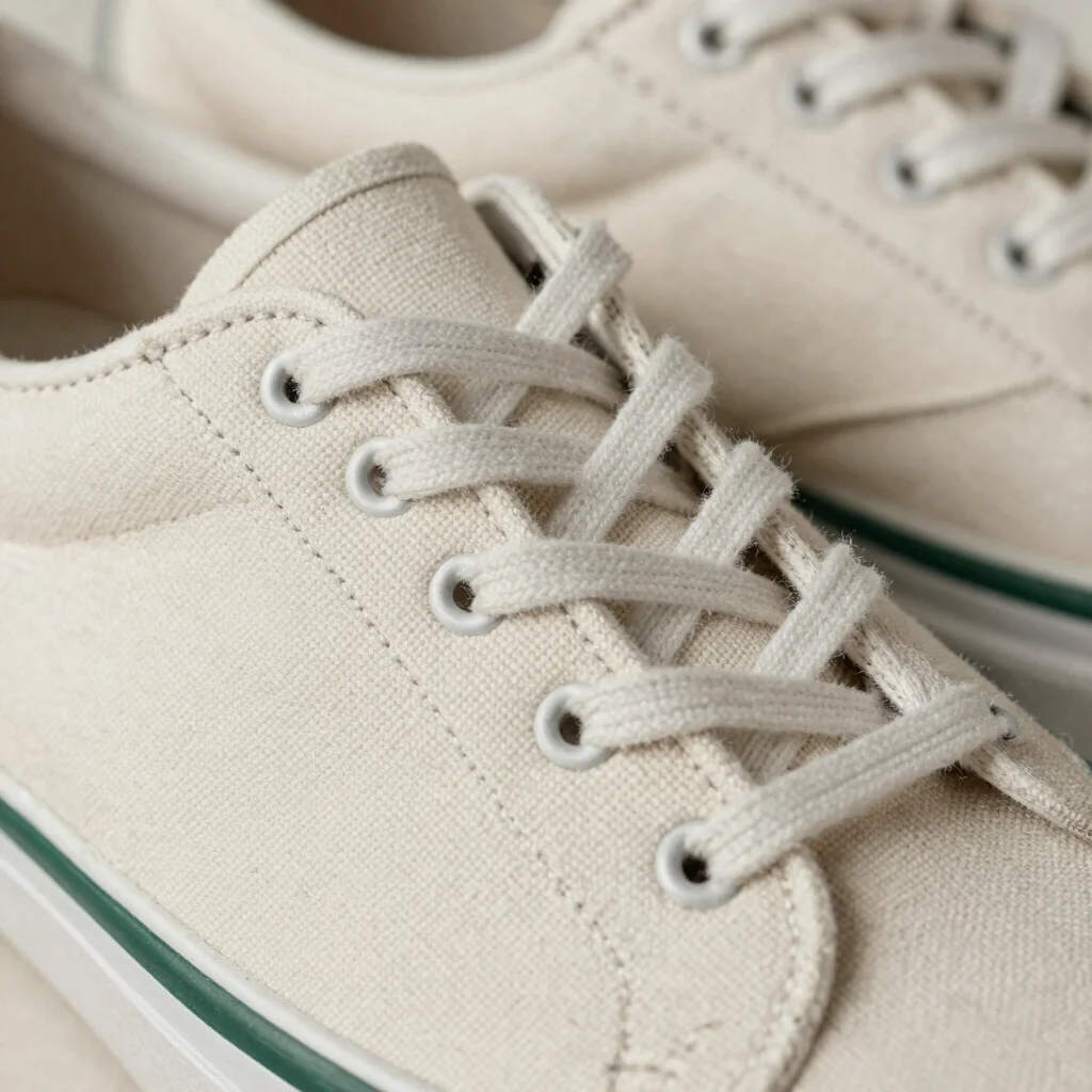 Close detail of stitching on a canvas sneaker upper, soft natural