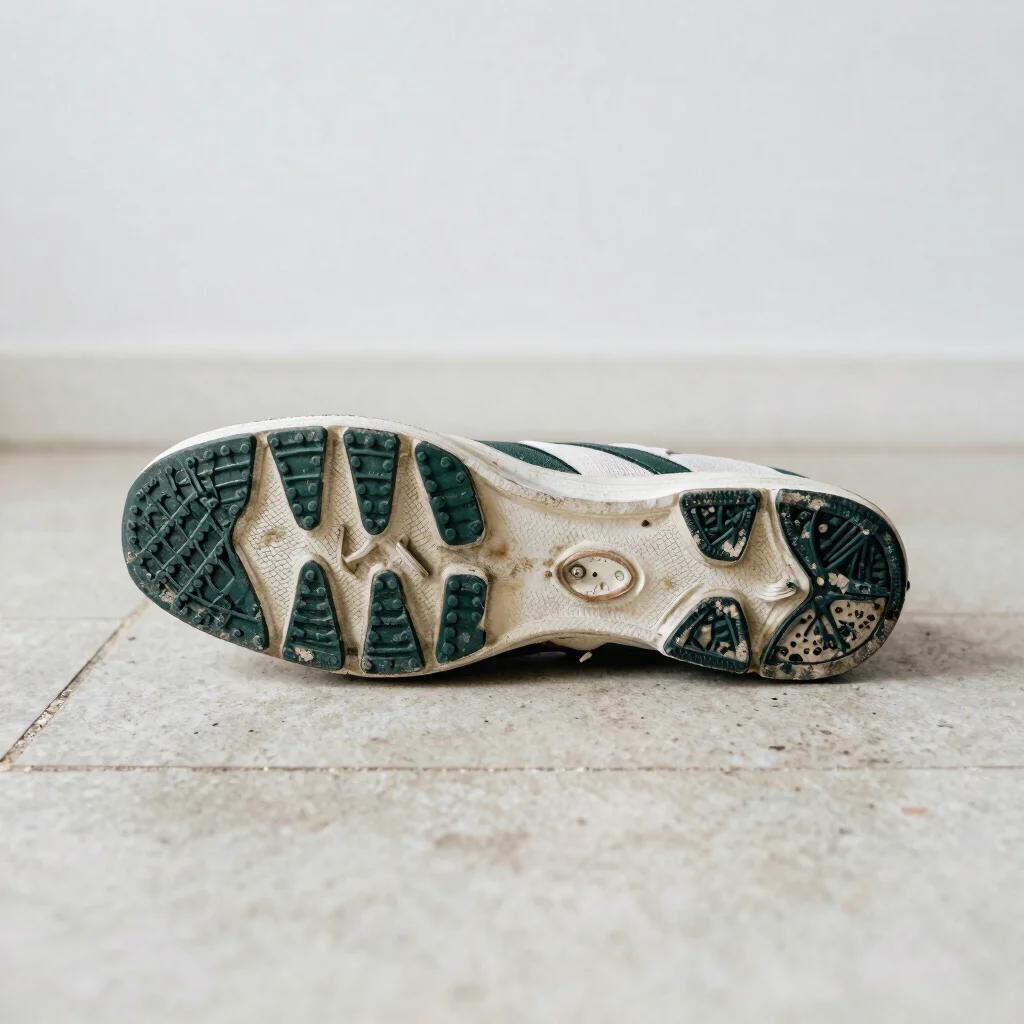 Editorial detail of a worn sneaker sole on a pale stone floor, di