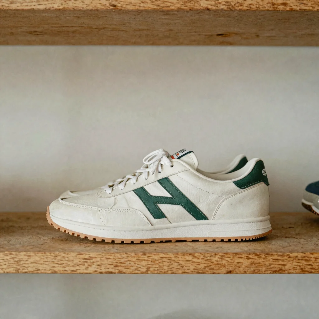 Editorial still life of a vintage-style generic sneaker on a wood